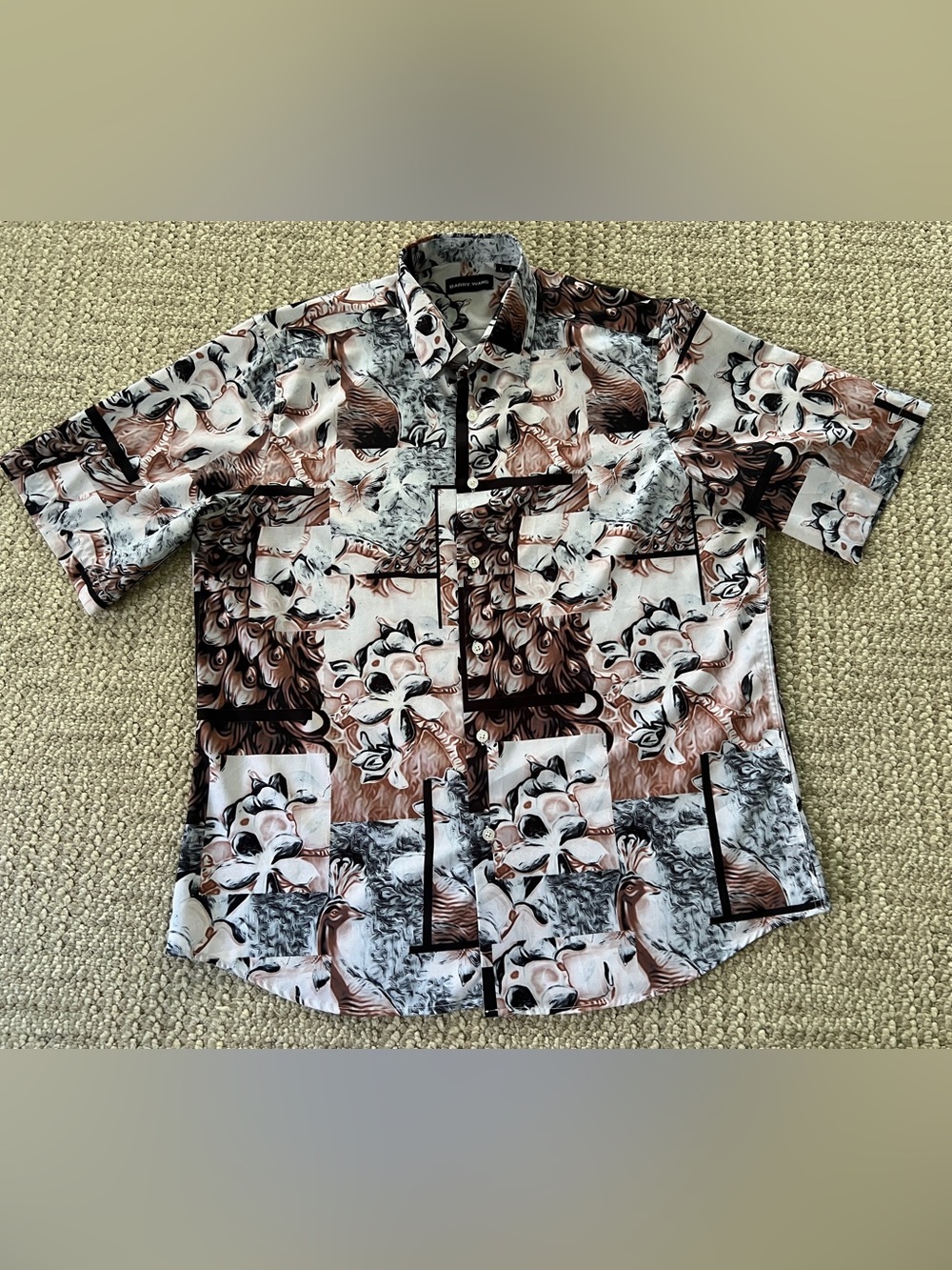 Barry Wang Men's Dress short sleeve Shirt, Floral Multicolor Button Down Size L